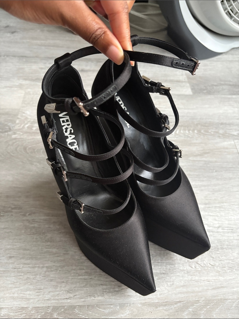 Versace Tempest Platform Pumps Black Satin Pointed, Sz 39